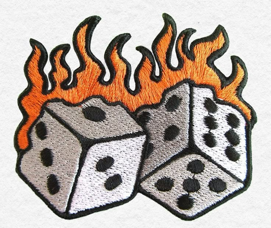 Flaming Dice Embroidered Patch – Lucky Gambling Dice Iron-On Patch, Fire Dice Embroidery Patch for Jackets, Hats, Bags & Clothing