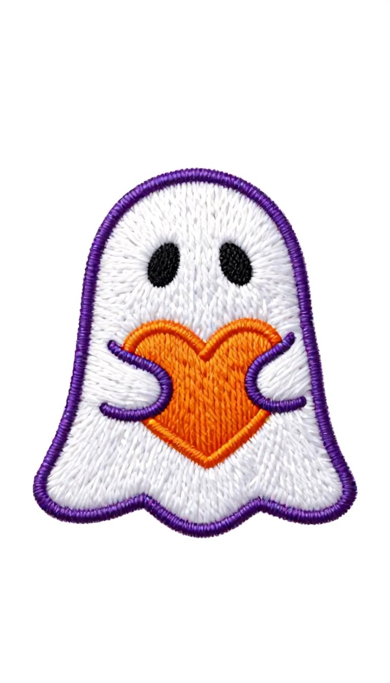 Cute Ghost Holding Orange Heart Embroidered Patch – Halloween Iron-On