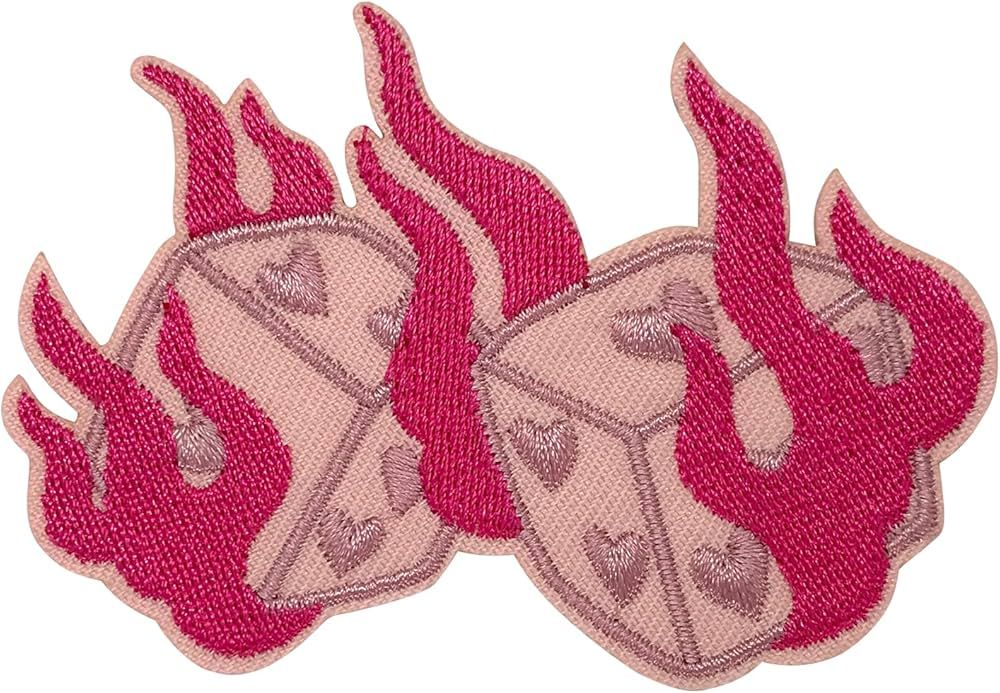 Pink Flaming Heart Embroidered Patch – Cute Flame Heart Iron-On Patch for Jackets, Hats & Bags