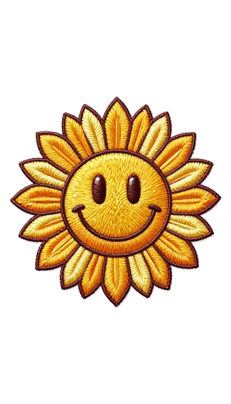 Smiley Sunflower Embroidered Patch – Iron On / Sew On Floral Patch for Jackets & Bags