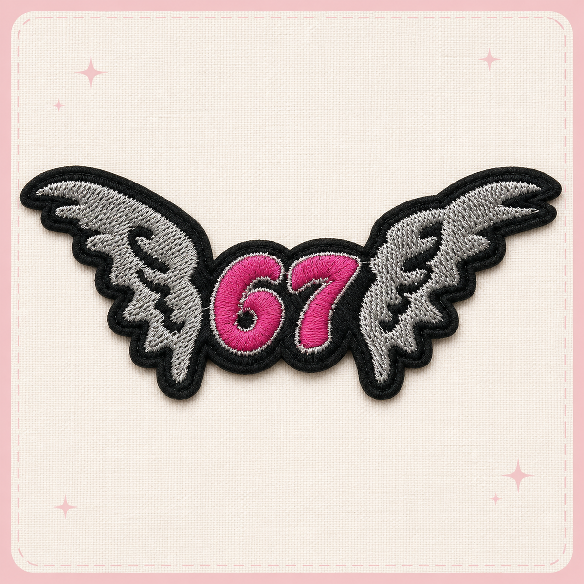 67 Angel Wings Embroidered Patch, Pink & Black Number 67 Iron On Patch, Gothic Wing Applique, Clothing & Jacket Embroidery Patch