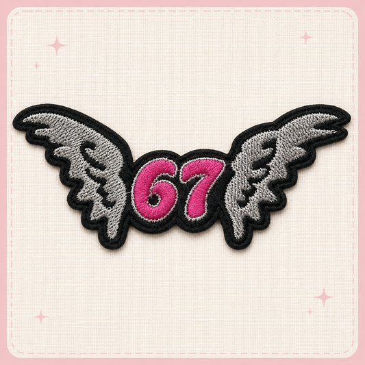 67 Angel Wings Embroidered Patch, Pink & Black Number 67 Iron On Patch, Gothic Wing Applique, Clothing & Jacket Embroidery Patch