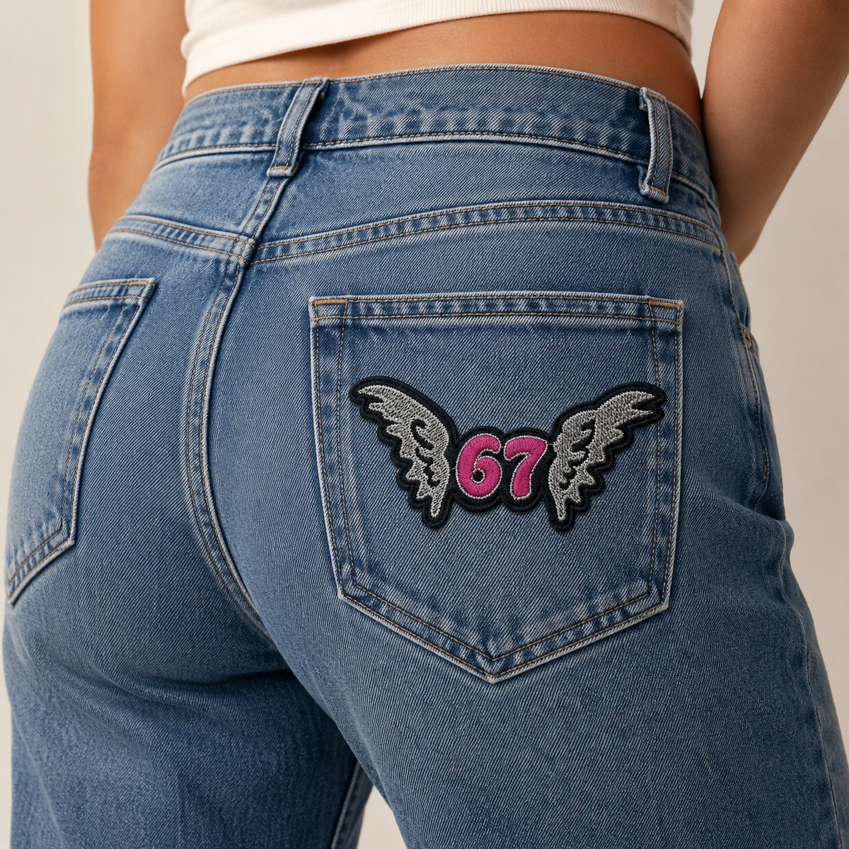 67 Angel Wings Embroidered Patch, Pink & Black Number 67 Iron On Patch, Gothic Wing Applique, Clothing & Jacket Embroidery Patch