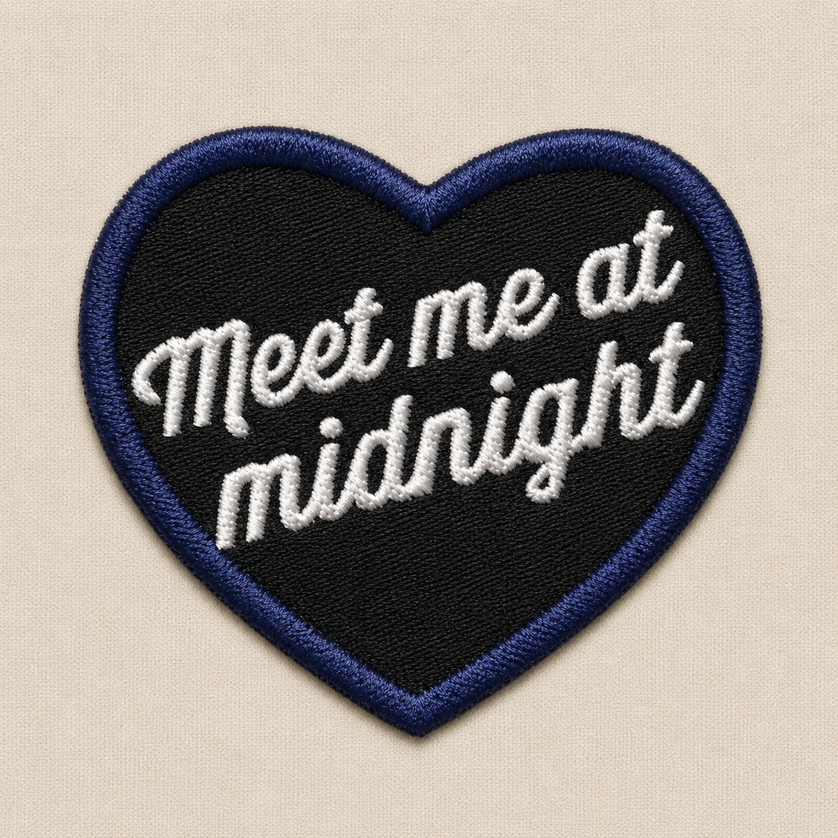 Meet Me at Midnight Embroidered Heart Patch, Black & Navy Script Iron-On Clothing Patch