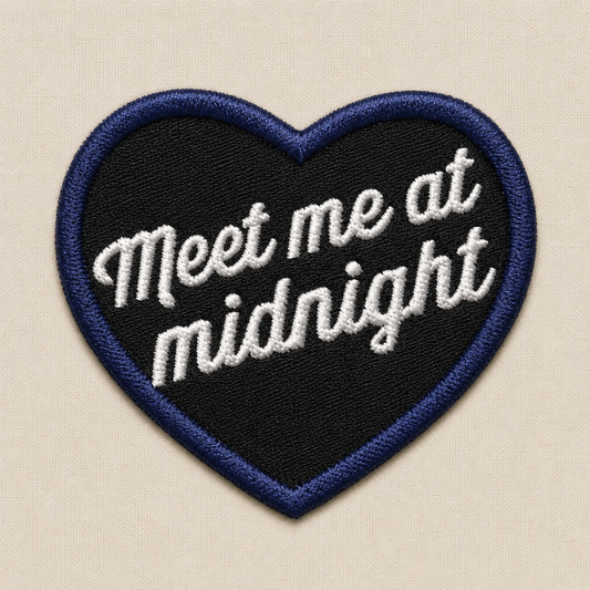 Meet Me at Midnight Embroidered Heart Patch, Black & Navy Script Iron-On Clothing Patch