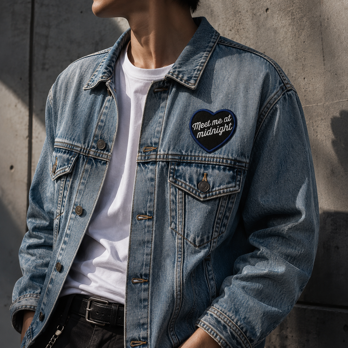 Meet Me at Midnight Embroidered Heart Patch, Black & Navy Script Iron-On Clothing Patch