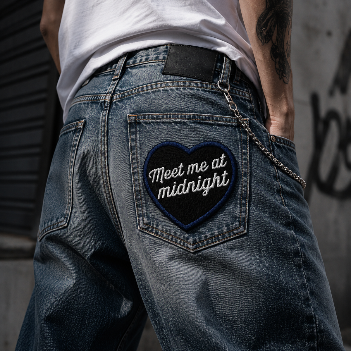 Meet Me at Midnight Embroidered Heart Patch, Black & Navy Script Iron-On Clothing Patch