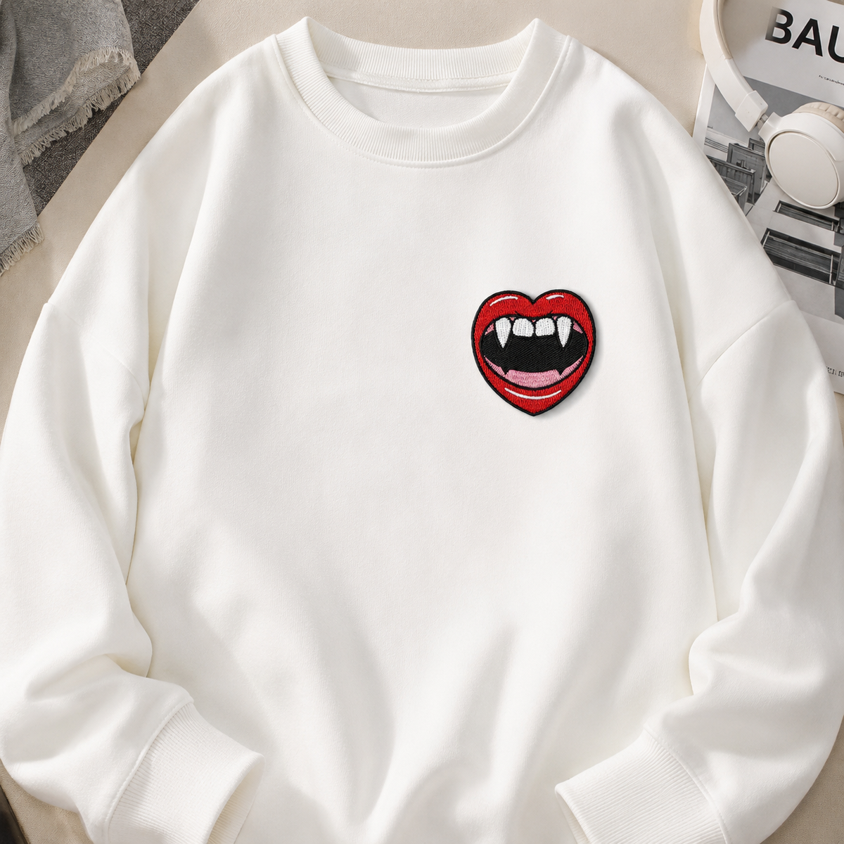 Vampire Lips Embroidery Patch, Gothic Fangs Iron-On Patch