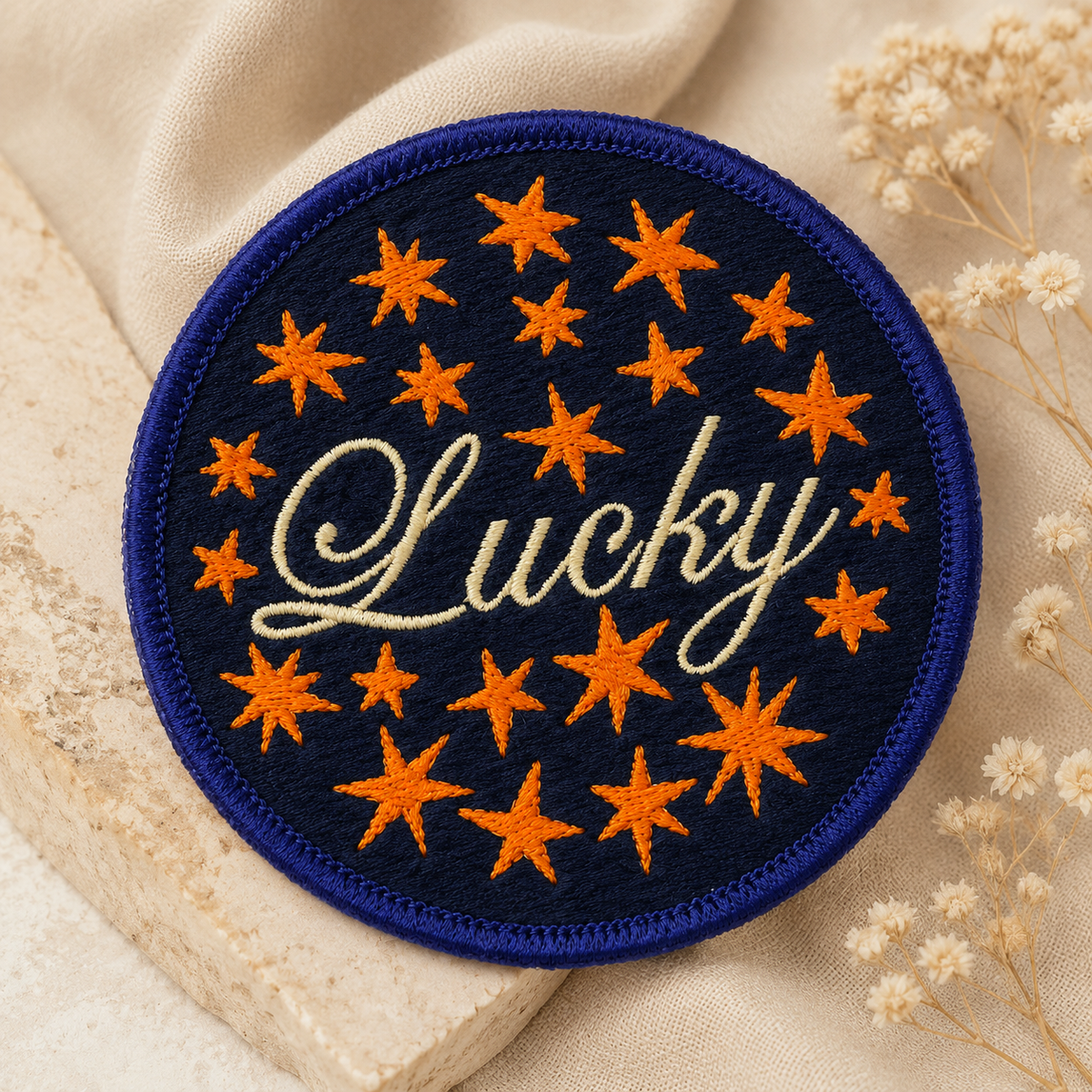 Lucky Star Embroidered Patch, Cute Celestial Sew-On Patch, Navy Blue & Orange Star Embroidery Patch, DIY Clothing & Accessories