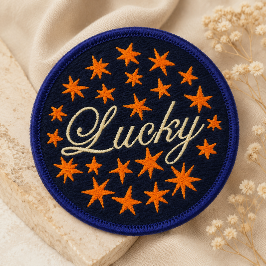 Lucky Star Embroidered Patch, Cute Celestial Sew-On Patch, Navy Blue & Orange Star Embroidery Patch, DIY Clothing & Accessories