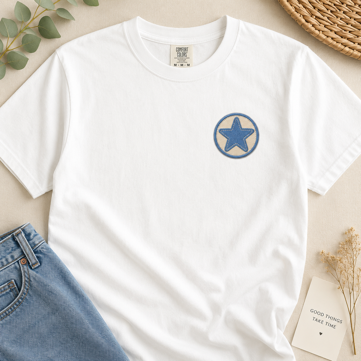 Blue Star Embroidered Patch, Round Iron-On Patch, Nautical Star Sewing Patch for Jackets, Hats, Bags & Clothing
