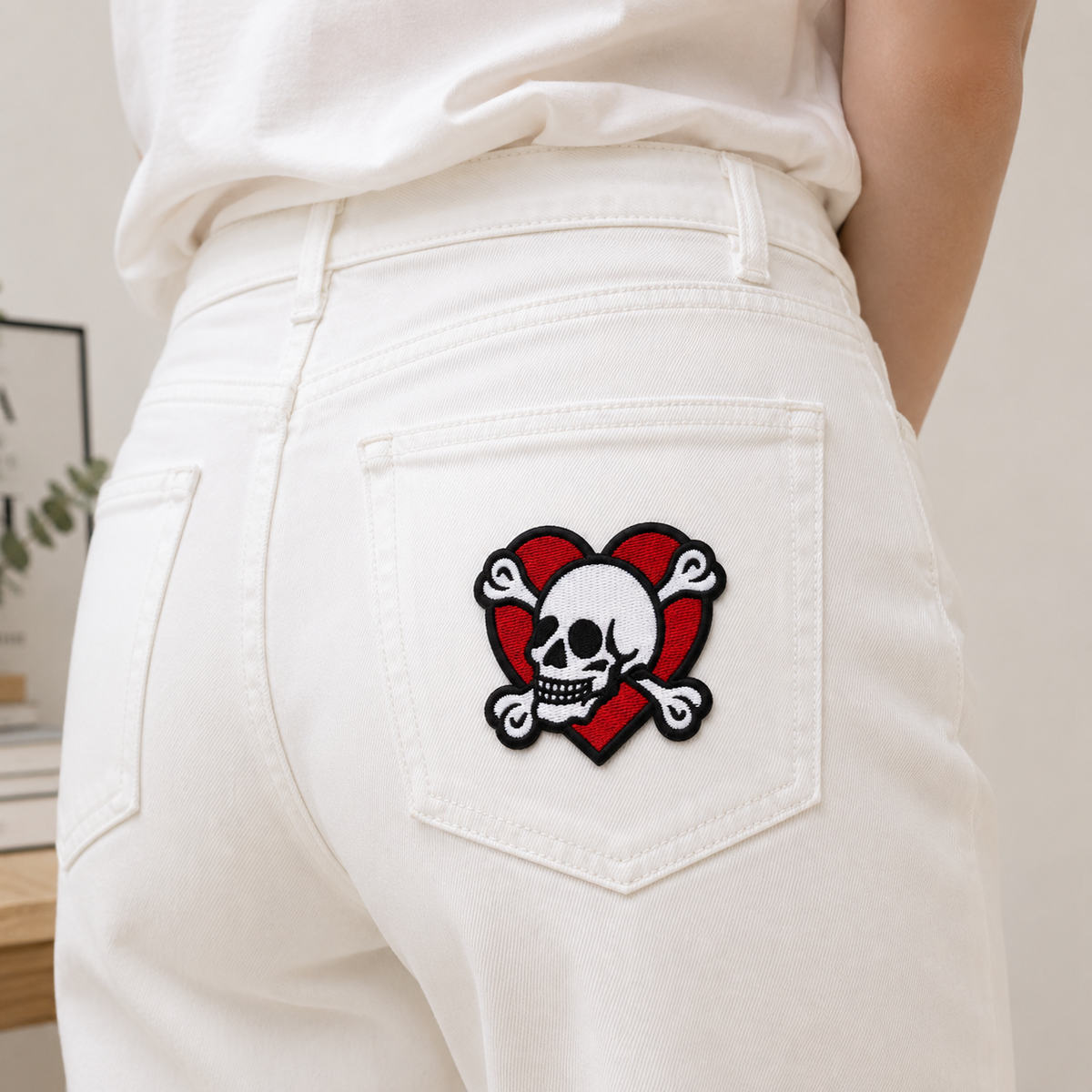 Skull Heart Embroidered Patch, Gothic Skull Bow Patch, Red & Black Iron-On Patch, Punk Clothing Decoration