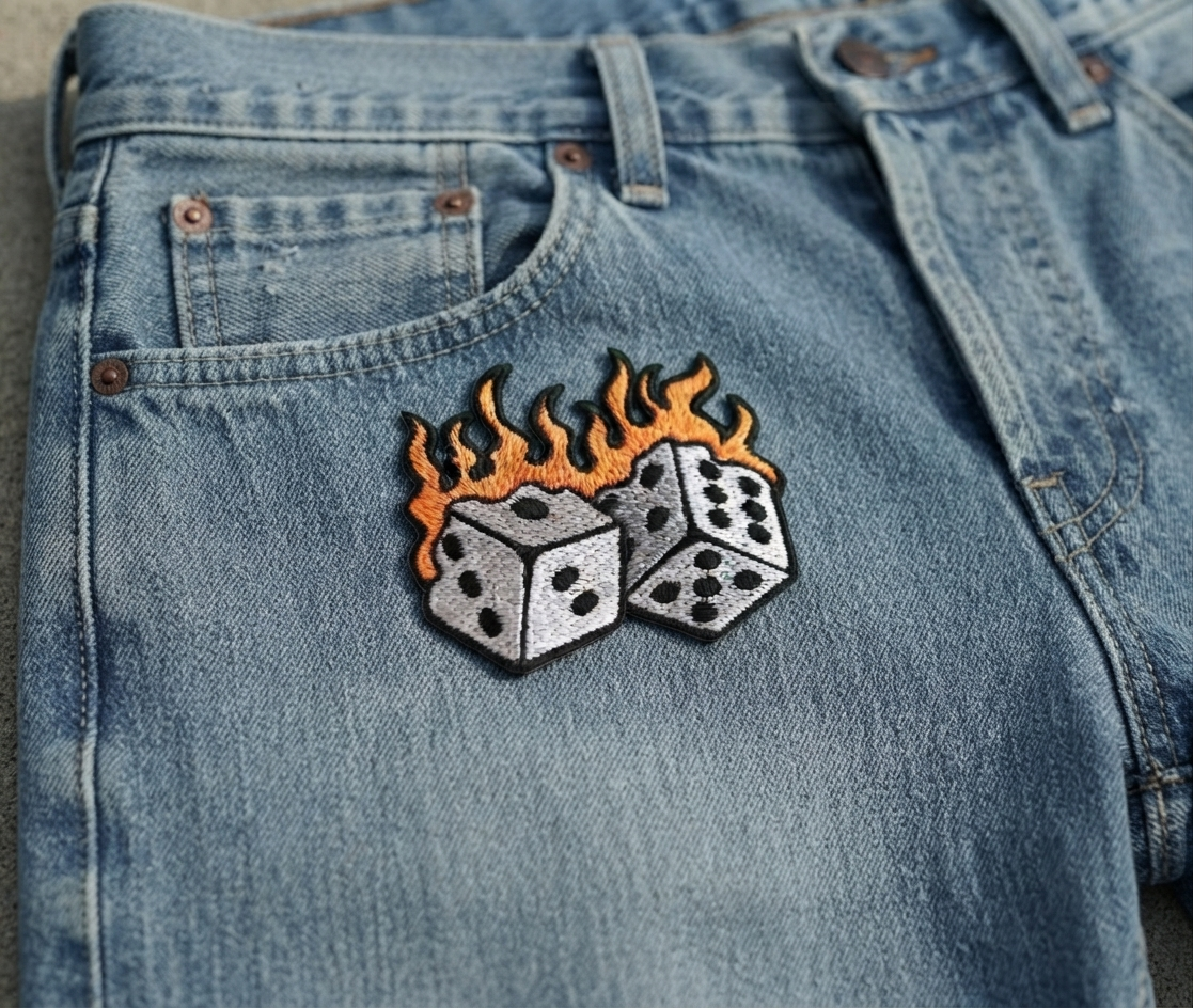 Flaming Dice Embroidered Patch – Lucky Gambling Dice Iron-On Patch, Fire Dice Embroidery Patch for Jackets, Hats, Bags & Clothing