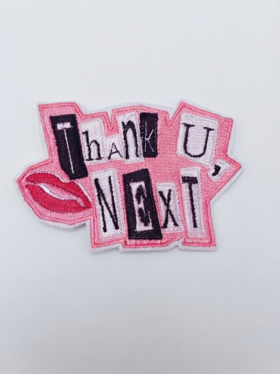Thank You Next Embroidered Patch – Pink Aesthetic Iron On Patch for Jackets, Hats & Bags