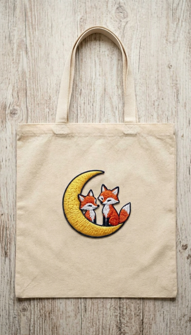 Cute Foxes on Crescent Moon Embroidered Patch, Kawaii Woodland Animal Iron-On Patch