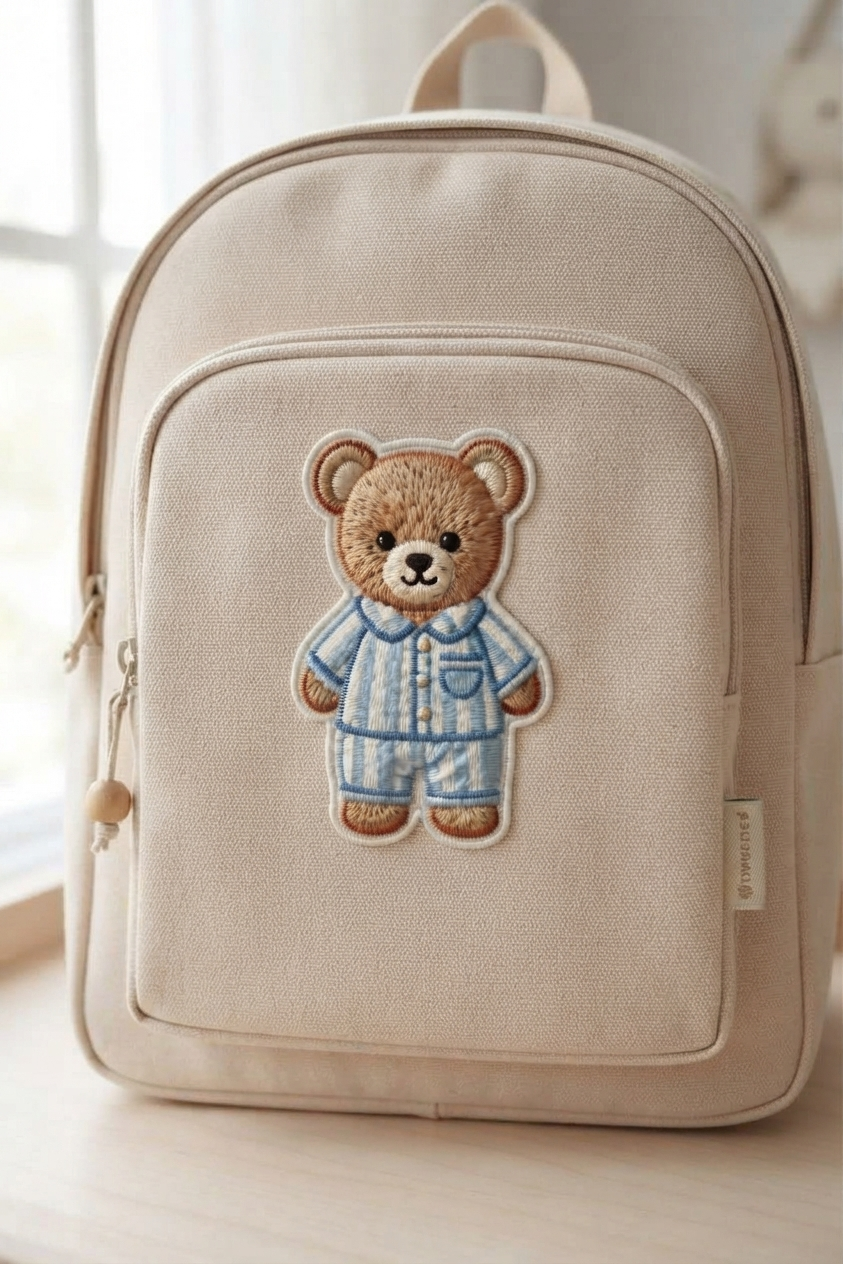 Cute Teddy Bear Embroidered Patch in Blue Pajamas, Kawaii Bear Iron On Patch, Nursery Animal Applique for Clothing, Bags & DIY Crafts