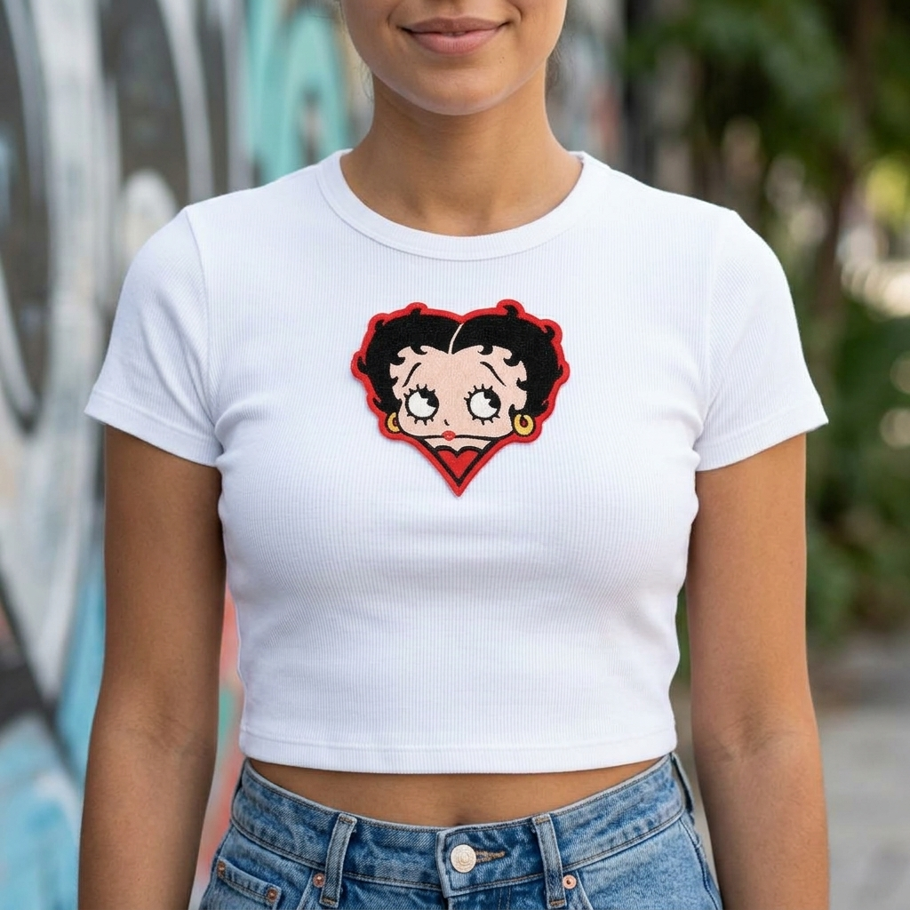 Betty Boop Embroidered Iron-On Patch, Cartoon Character Applique, Red and Black Embroidery Patch
