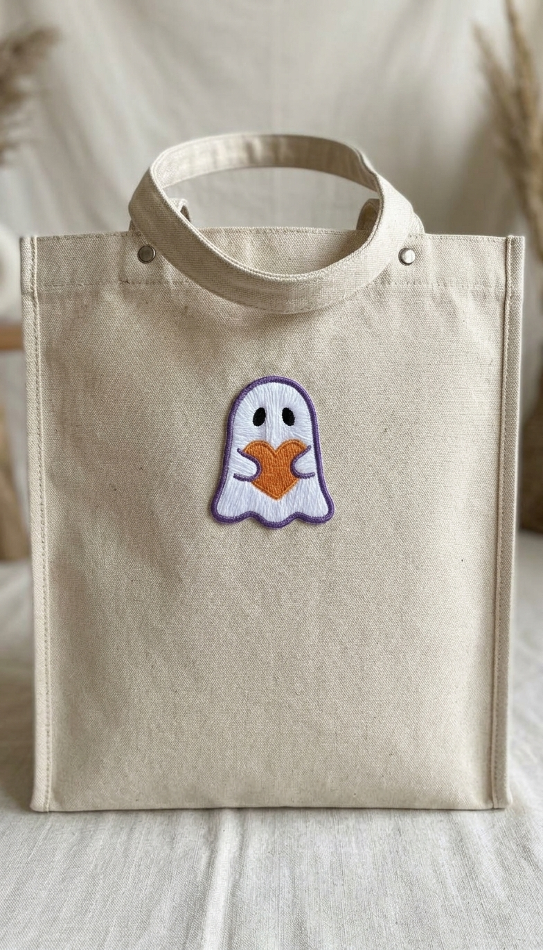 Cute Ghost Holding Orange Heart Embroidered Patch – Halloween Iron-On