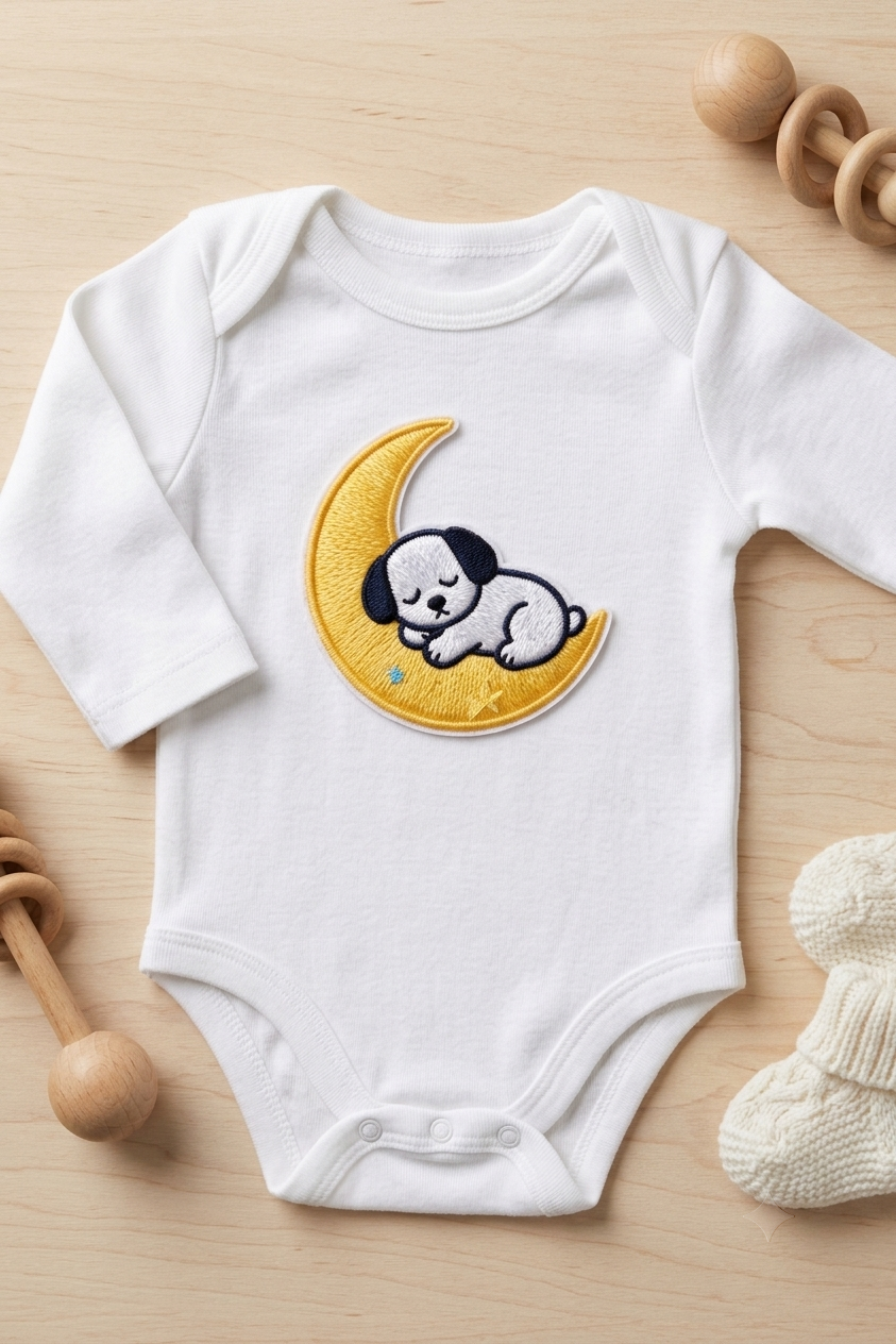 Sleeping Puppy Moon Embroidered Patch, Cute Dog Iron-On Patch, Celestial Animal Embroidery Applique