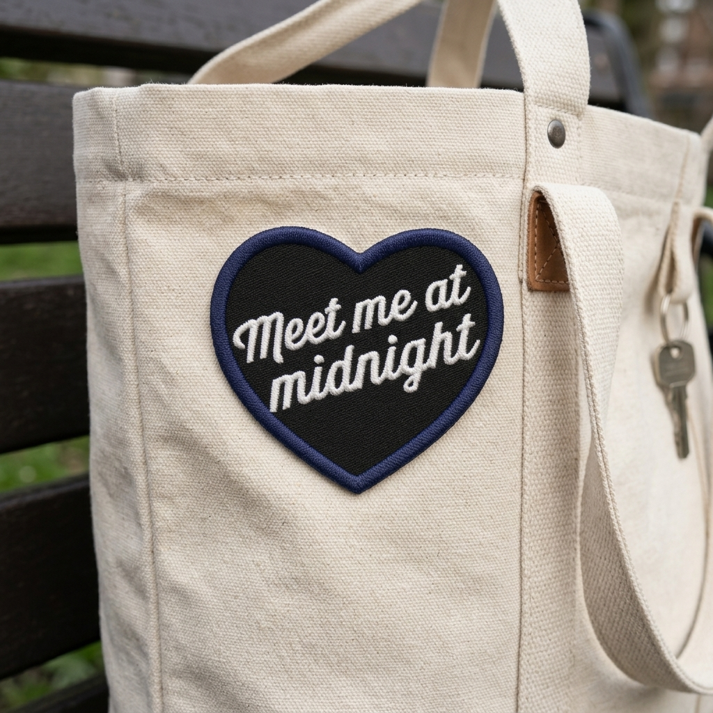 Meet Me at Midnight Embroidered Heart Patch, Black & Navy Script Iron-On Clothing Patch