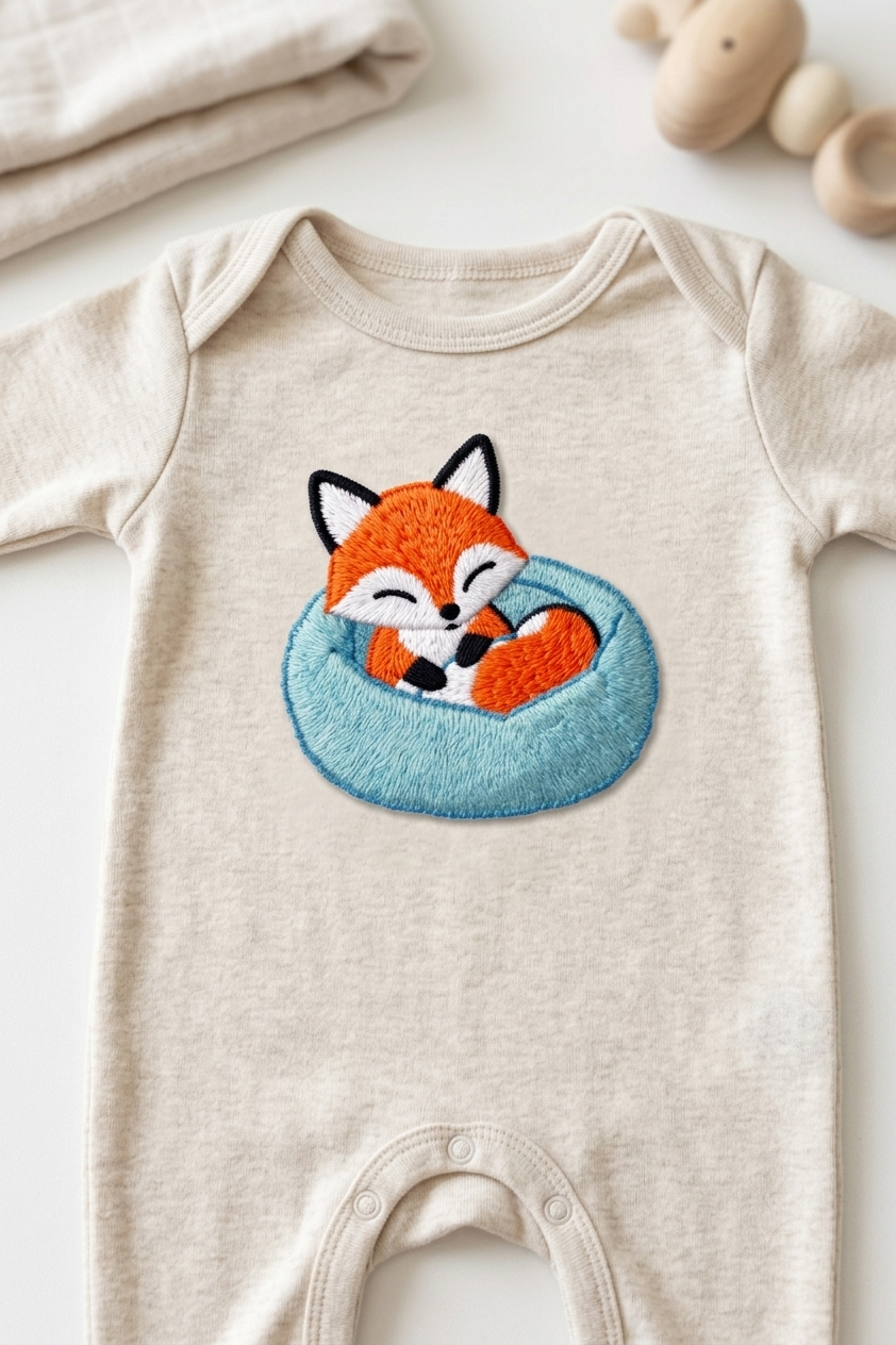 Cute Sleeping Fox Embroidered Patch, Kawaii Woodland Animal Iron-On Applique, Blue Nest Fox Patch for Clothing, Bags & DIY Crafts