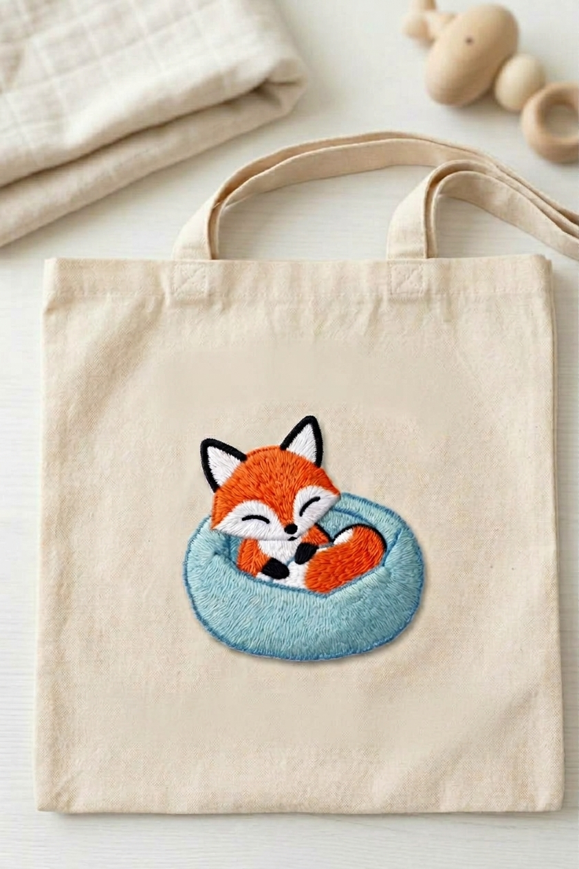 Cute Sleeping Fox Embroidered Patch, Kawaii Woodland Animal Iron-On Applique, Blue Nest Fox Patch for Clothing, Bags & DIY Crafts