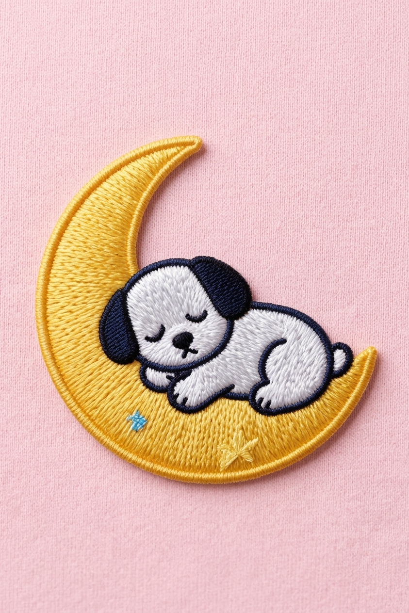 Sleeping Puppy Moon Embroidered Patch, Cute Dog Iron-On Patch, Celestial Animal Embroidery Applique