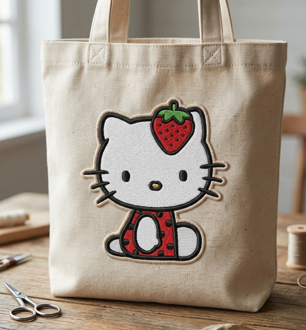 Hello Kitty Strawberry Embroidered Patch, Cute Cartoon Cat Iron-On Patch, Kawaii Red Strawberry Applique for Clothing, Bags & Accessories