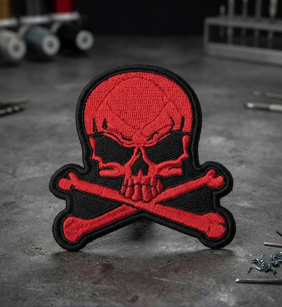 Red Skull & Crossbones Embroidered Patch – Gothic Punk Biker Iron-On Patch