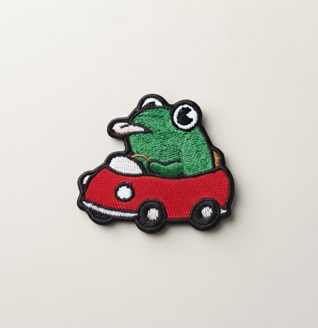 Frog in Red Car Embroidered Patch – Cute Frog Iron On Patch, Kawaii Animal Applique for Jackets, Hats & Bags