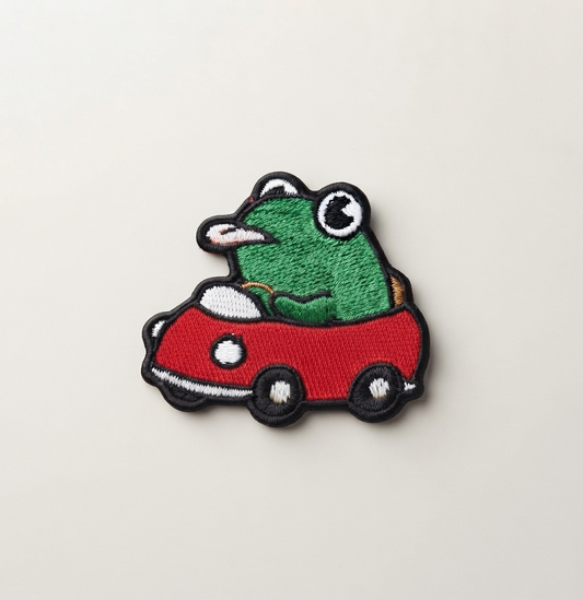 Frog in Red Car Embroidered Patch – Cute Frog Iron On Patch, Kawaii Animal Applique for Jackets, Hats & Bags