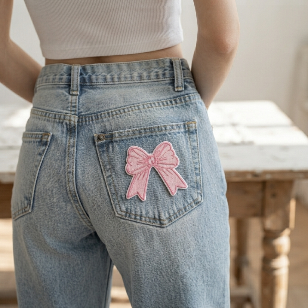 Pink Bow Embroidery Patch, Cute Ribbon Bow Iron On Patch, Kawaii Sewing Applique for Clothing, Bags & Accessories