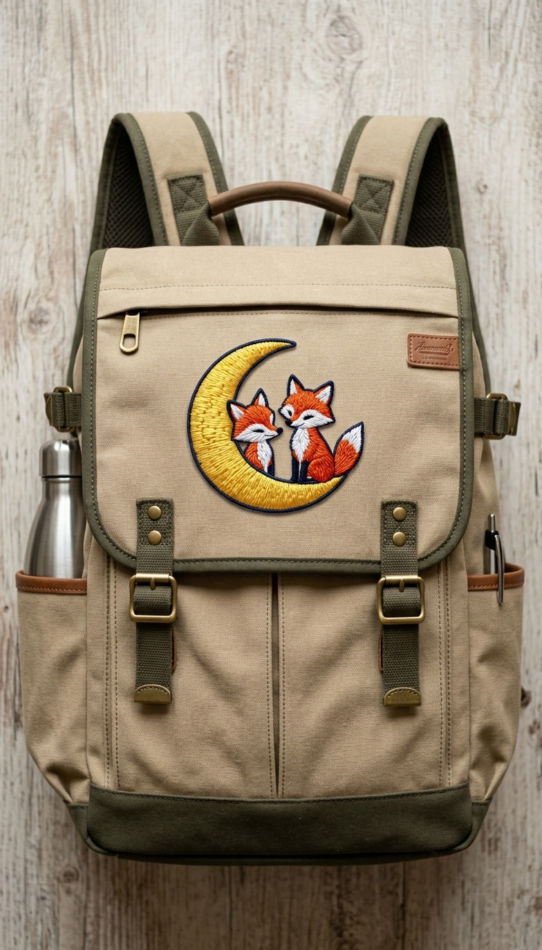 Cute Foxes on Crescent Moon Embroidered Patch, Kawaii Woodland Animal Iron-On Patch