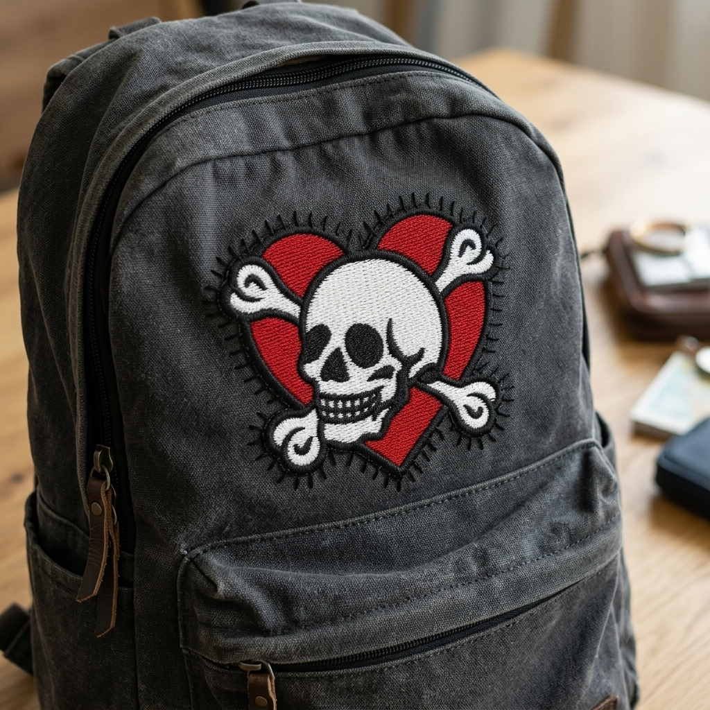 Skull Heart Embroidered Patch, Gothic Skull Bow Patch, Red & Black Iron-On Patch, Punk Clothing Decoration