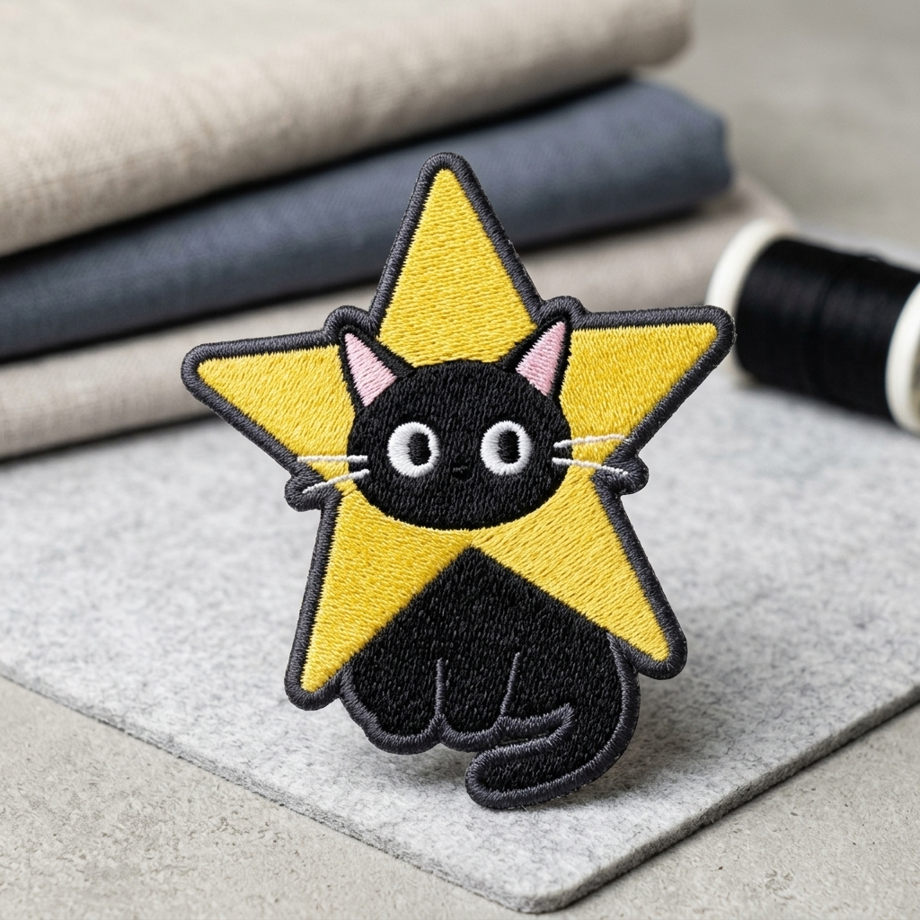 Cute Cat Star Embroidered Patch – Kawaii Black Cat Iron-On Patch for Hats, Jackets, Bags & Clothing