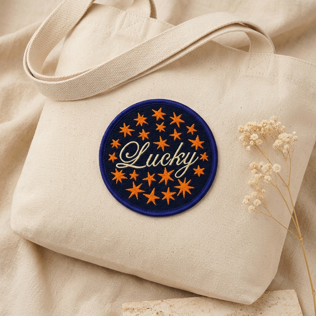Lucky Star Embroidered Patch, Cute Celestial Sew-On Patch, Navy Blue & Orange Star Embroidery Patch, DIY Clothing & Accessories