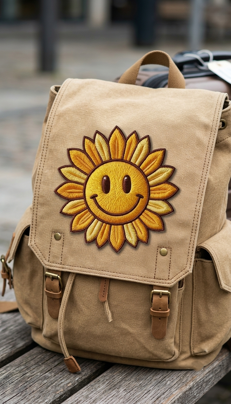 Smiley Sunflower Embroidered Patch – Iron On / Sew On Floral Patch for Jackets & Bags