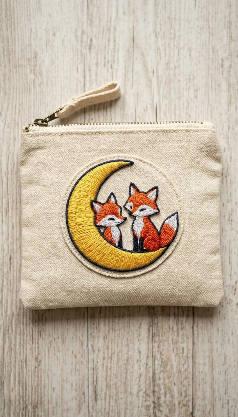 Cute Foxes on Crescent Moon Embroidered Patch, Kawaii Woodland Animal Iron-On Patch