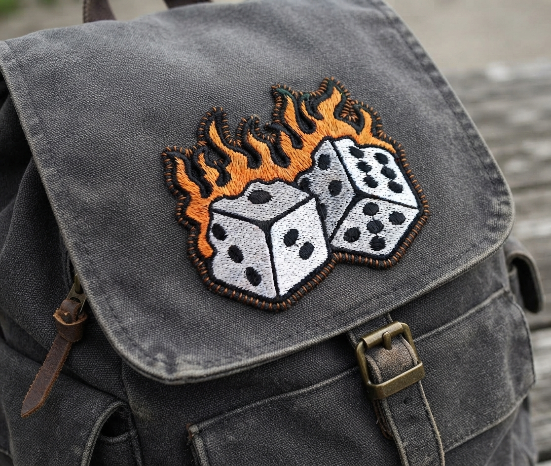 Flaming Dice Embroidered Patch – Lucky Gambling Dice Iron-On Patch, Fire Dice Embroidery Patch for Jackets, Hats, Bags & Clothing