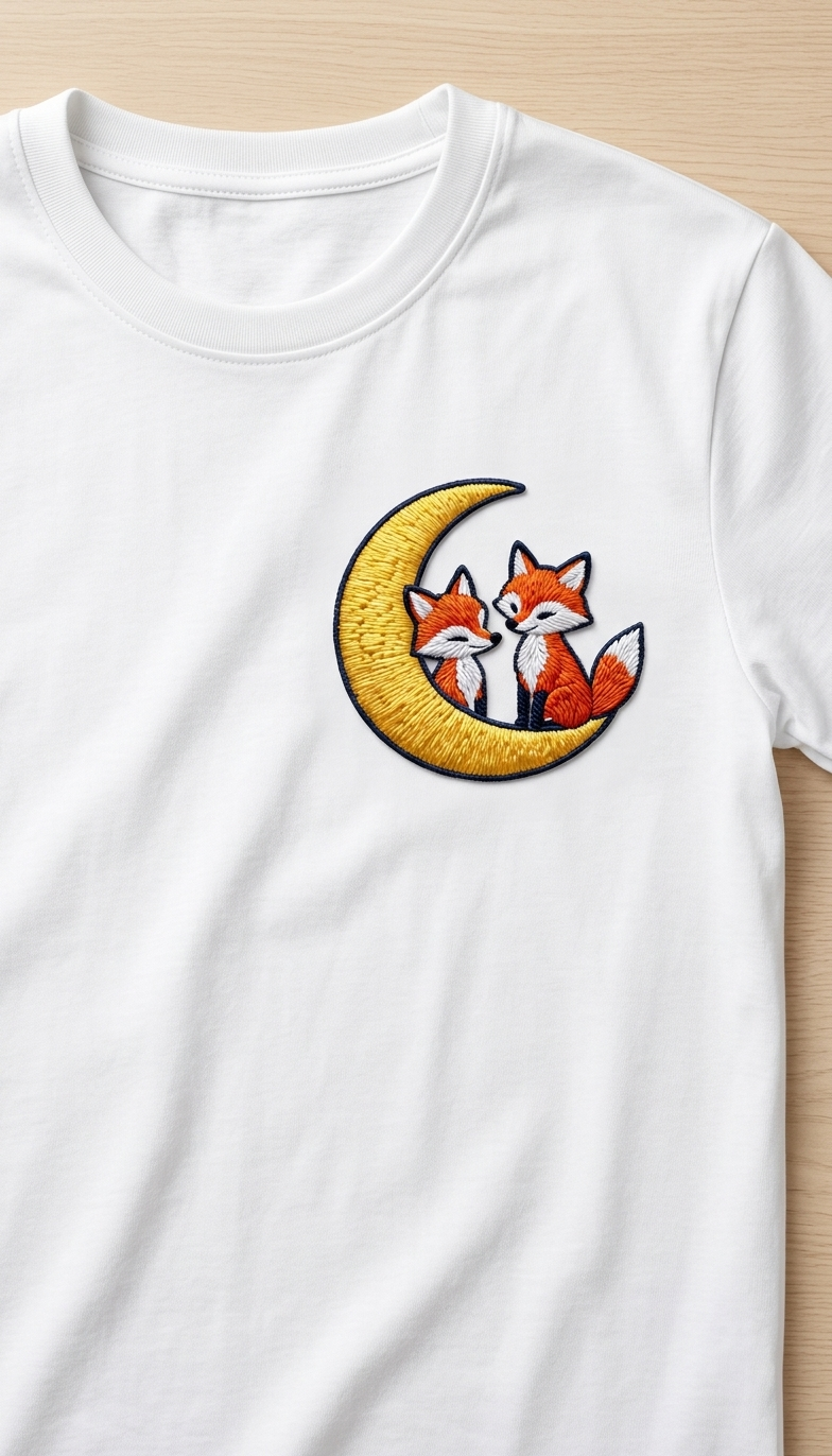 Cute Foxes on Crescent Moon Embroidered Patch, Kawaii Woodland Animal Iron-On Patch