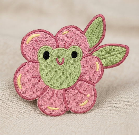 Cute Frog Flower Embroidered Patch – Kawaii Floral Frog Iron On Patch, Cute Nature Embroidery Applique