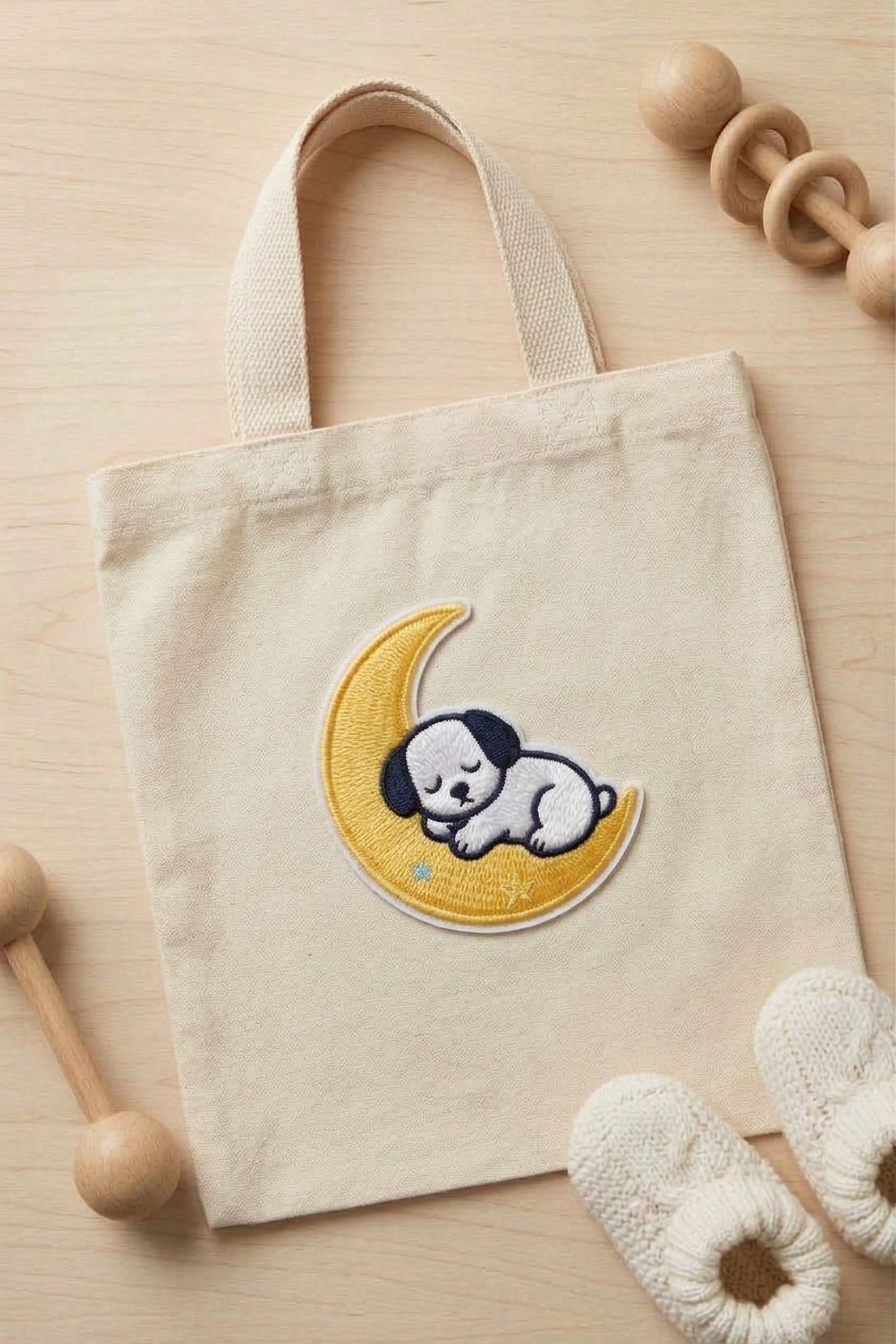 Sleeping Puppy Moon Embroidered Patch, Cute Dog Iron-On Patch, Celestial Animal Embroidery Applique