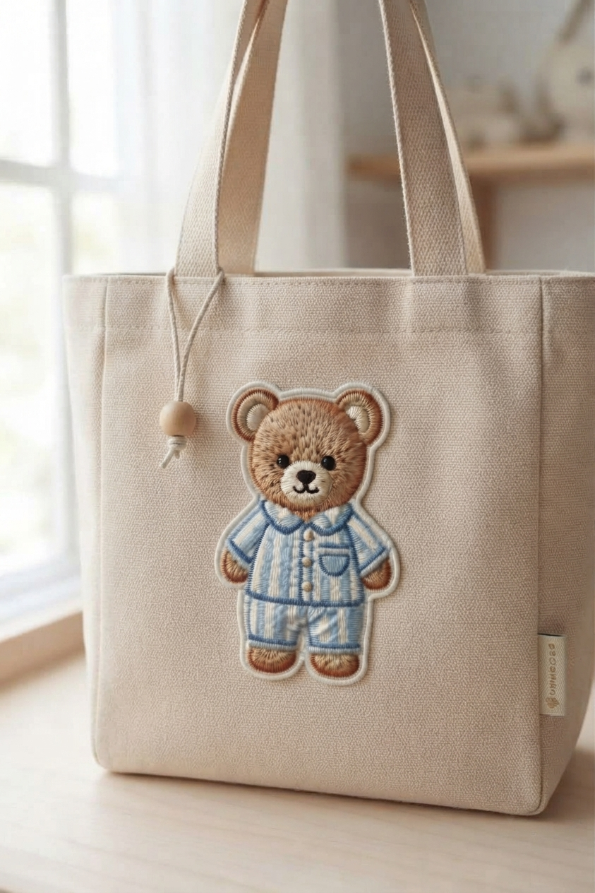 Cute Teddy Bear Embroidered Patch in Blue Pajamas, Kawaii Bear Iron On Patch, Nursery Animal Applique for Clothing, Bags & DIY Crafts