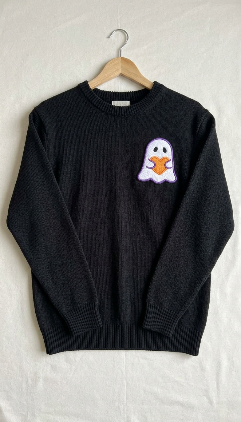 Cute Ghost Holding Orange Heart Embroidered Patch – Halloween Iron-On
