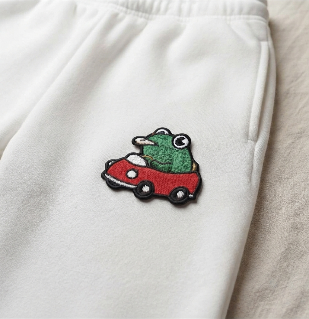Frog in Red Car Embroidered Patch – Cute Frog Iron On Patch, Kawaii Animal Applique for Jackets, Hats & Bags