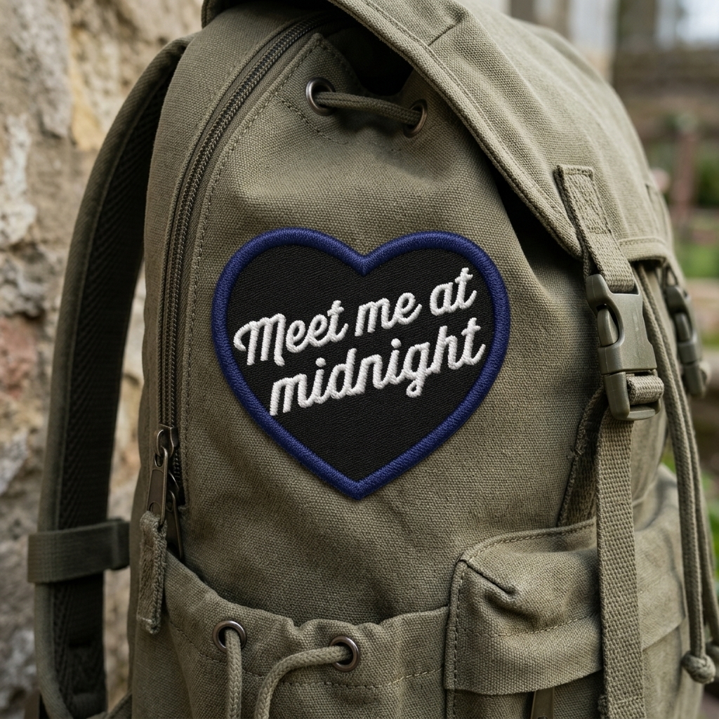 Meet Me at Midnight Embroidered Heart Patch, Black & Navy Script Iron-On Clothing Patch