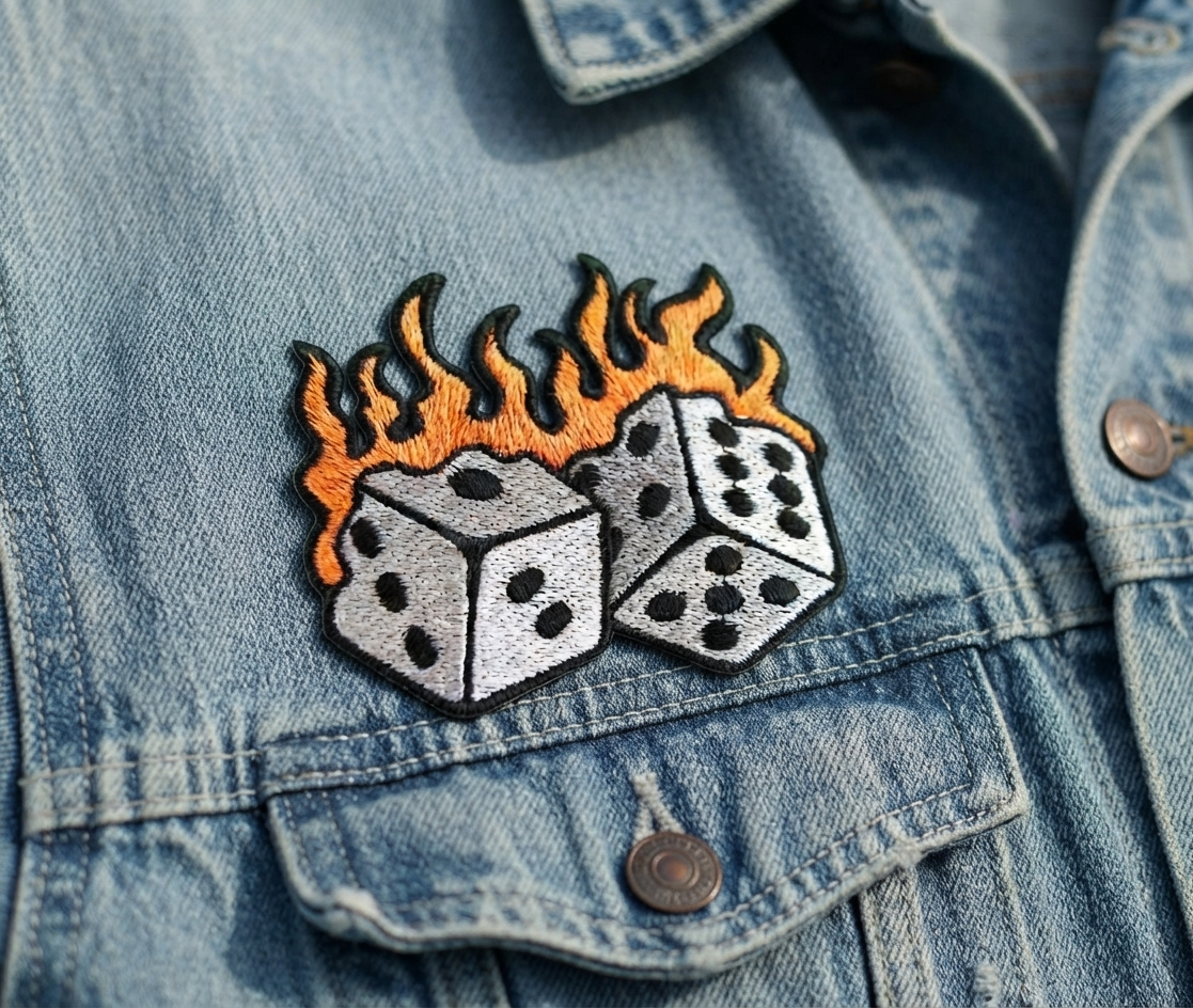 Flaming Dice Embroidered Patch – Lucky Gambling Dice Iron-On Patch, Fire Dice Embroidery Patch for Jackets, Hats, Bags & Clothing