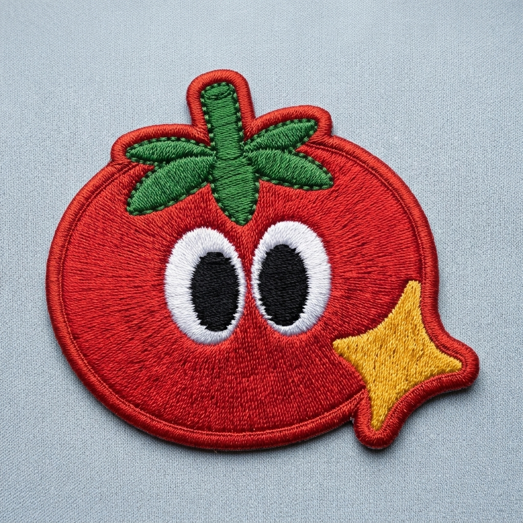 Cute Tomato Embroidered Patch with Sparkle, Kawaii Fruit Iron-On Patch, Funny Food Embroidery Applique for Clothes, Bags & Jackets