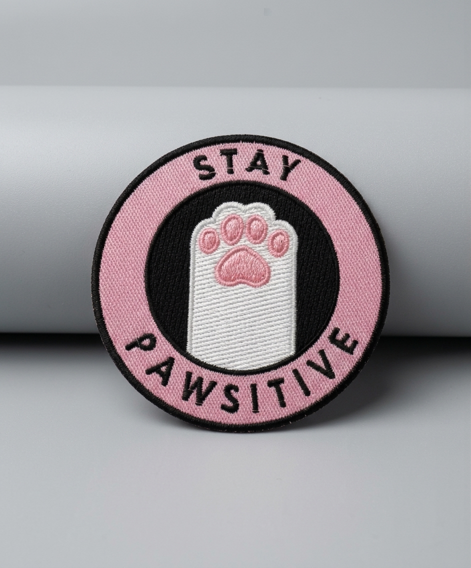 Stay Pawsitive Embroidered Patch – Pink Paw Cat Patch, Cute Animal Iron-On Patch