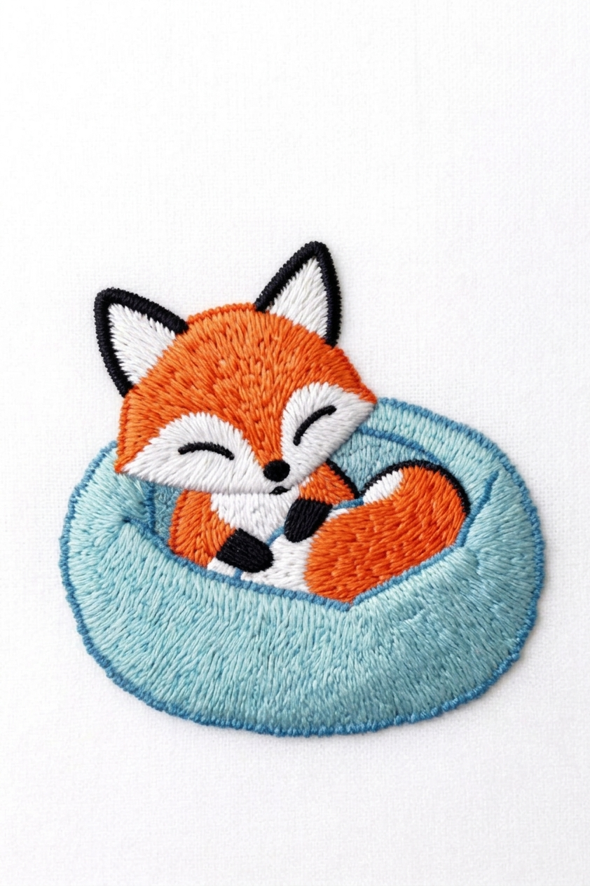 Cute Sleeping Fox Embroidered Patch, Kawaii Woodland Animal Iron-On Applique, Blue Nest Fox Patch for Clothing, Bags & DIY Crafts